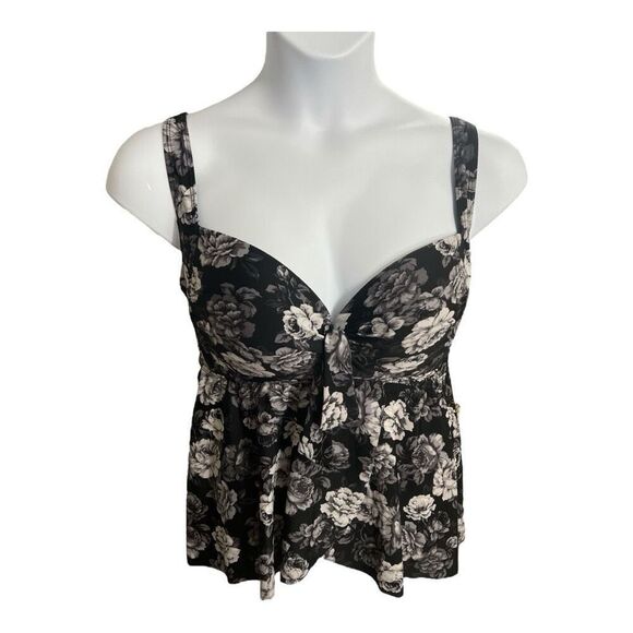 Torrid Black Grey Floral Retro Tankini Top Plus Size 1F Slit Swimwear Women - Picture 2 of 12